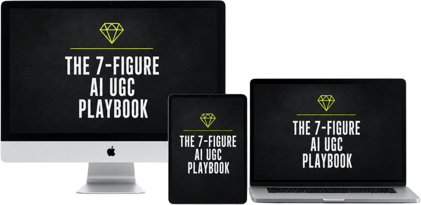 The 7-Figure AI UGC Playbook shown on desktop, tablet and laptop