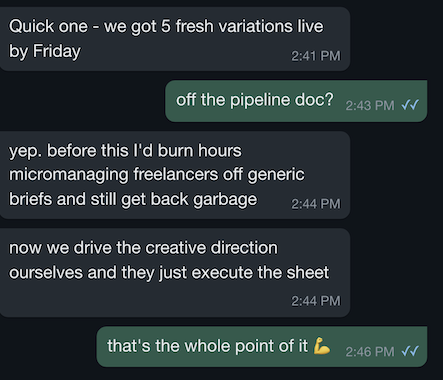 Customer message: 5 fresh variations live by Friday, team executes off the pipeline doc