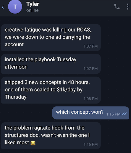 Customer message from Tyler: shipped 3 new concepts in 48 hours, one scaled to $1k/day